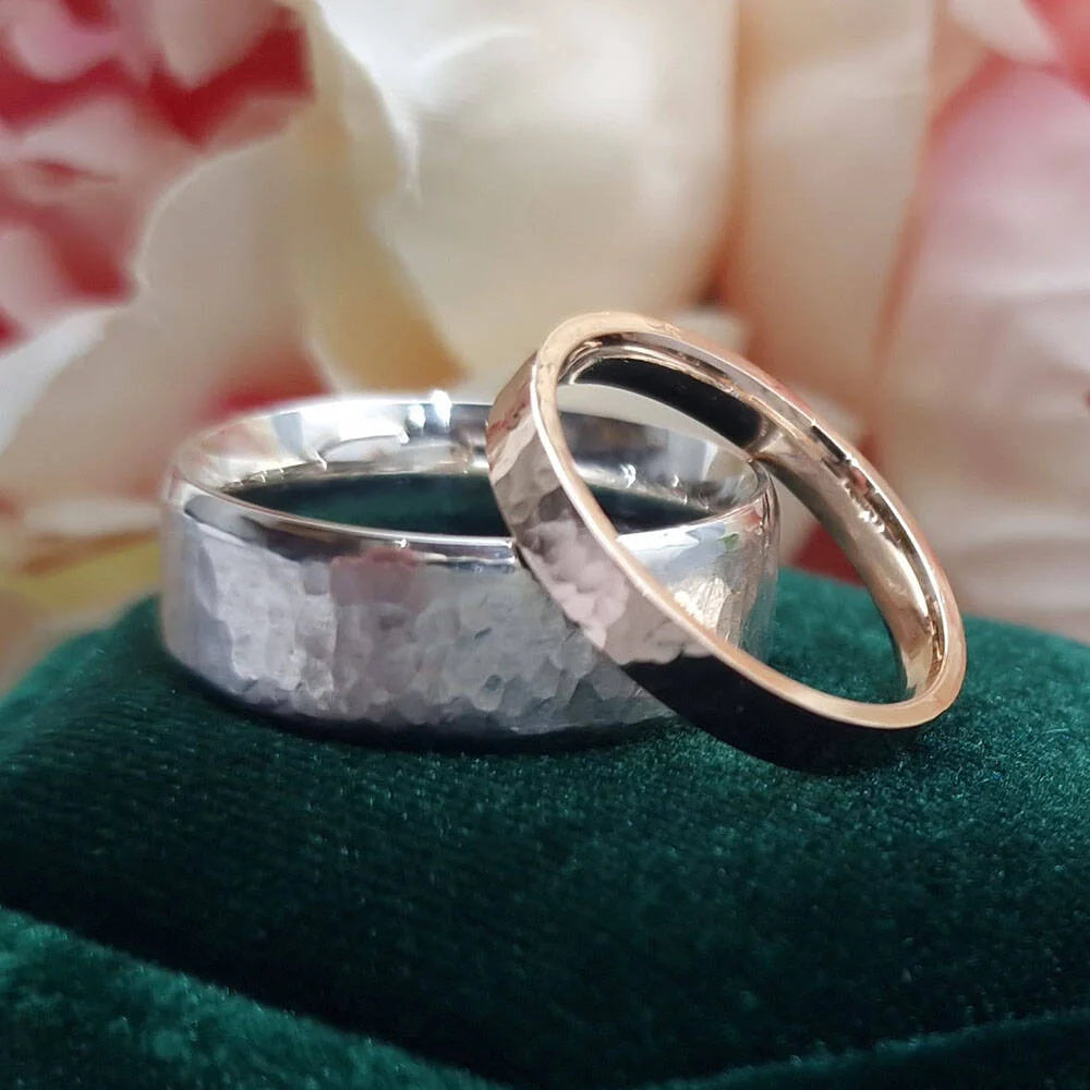 Custom made 9ct rose gold ladies wedding band and hammered silver gents wedding ring from Golden Snowdrop the jewellers in Shaftesbury, near Wincanton. 