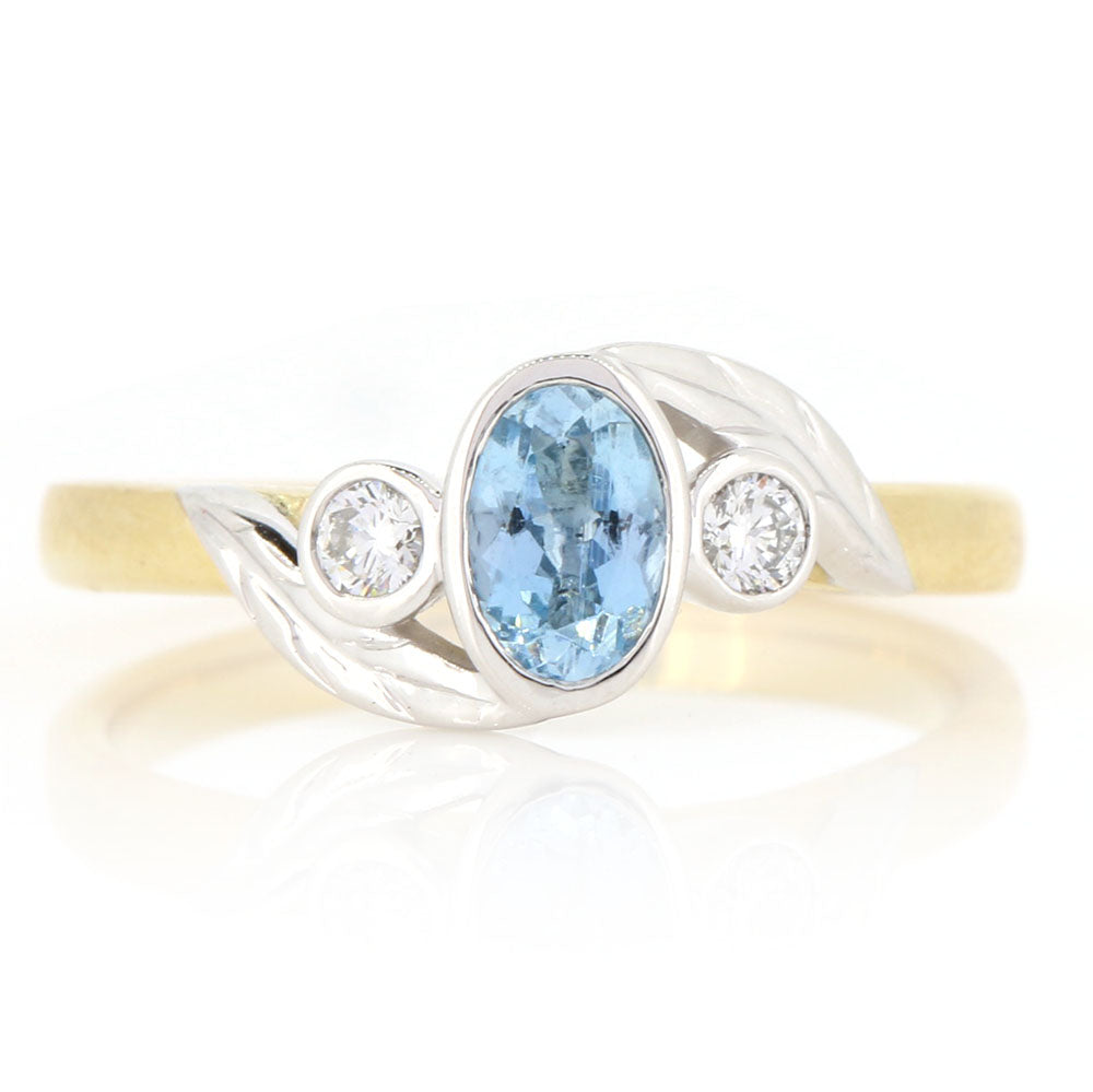 Bespoke Aquamarine and Diamond Ring in 18ct Yellow Gold and Platinum at Golden Sowdrop Jewellers in Shaftesbury Dorset, near Salisbury. 