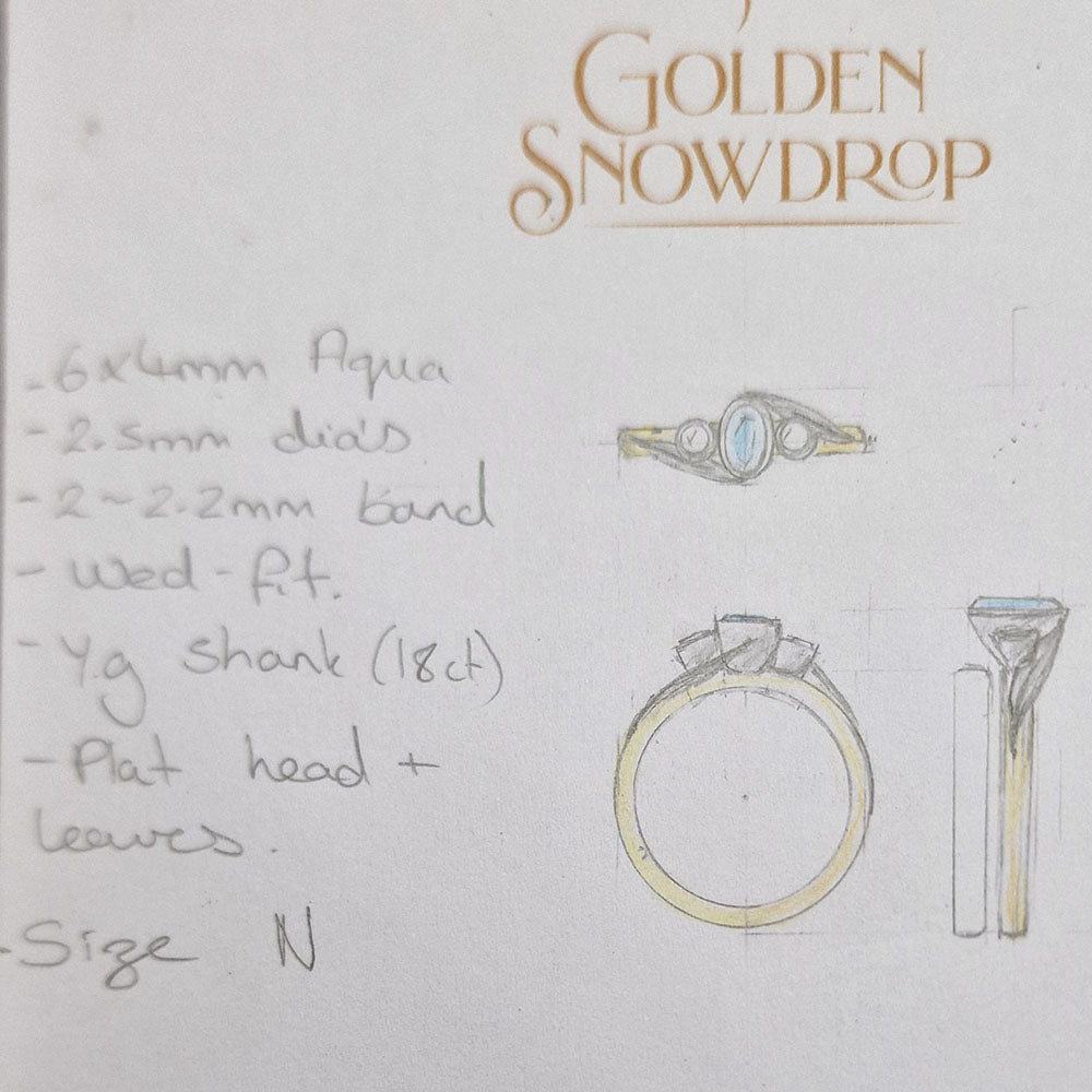 Initial bespoke sketchwork of the Bespoke Aquamarine and Diamond Ring in 18ct Yellow Gold and Platinum at Golden Sowdrop Jewellers in Shaftesbury Dorset, near Tisbury. 