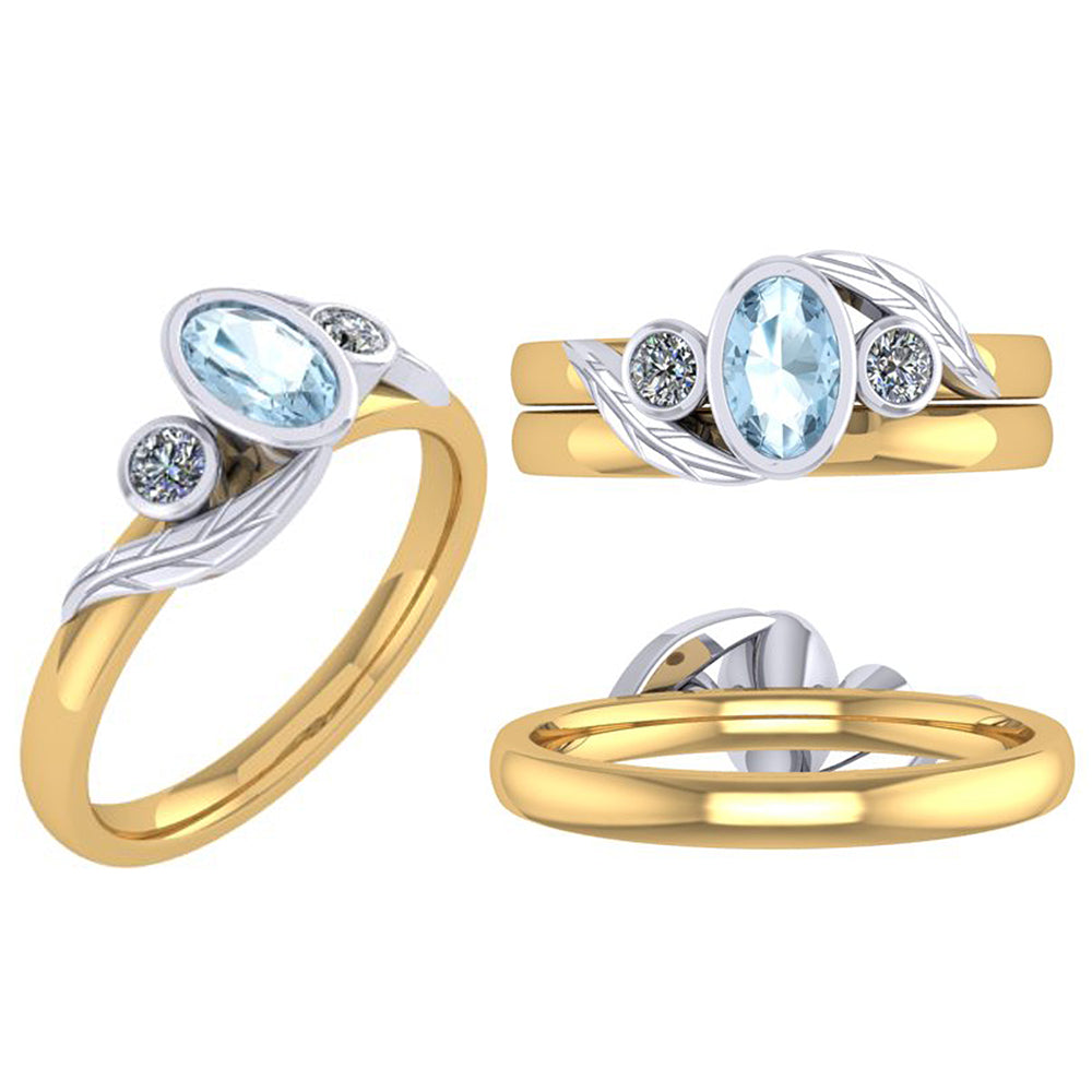 Custom CAD design of the Bespoke Aquamarine and Diamond Ring in 18ct Yellow Gold and Platinum at Golden Sowdrop Jewellers in Shaftesbury Dorset, near Sherborne. 