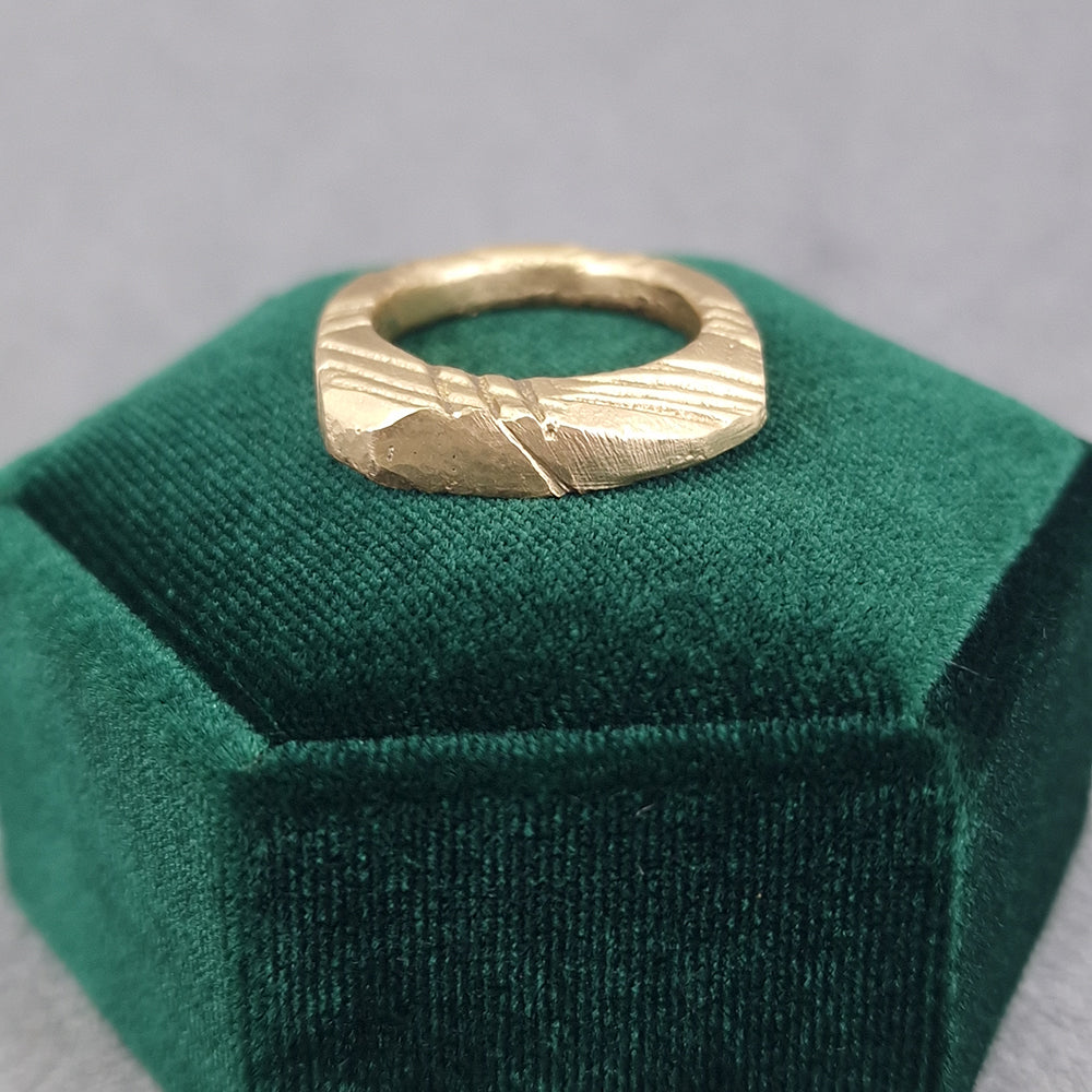 Bespoke design and hand made Artistic, Asymetric, Textured Gold Ring. Wax carved and sand cast in store, using our customer's remodelled gold at Golden Snowdrop Jewellers in Shaftesbury, Dorset near Warminster. 
