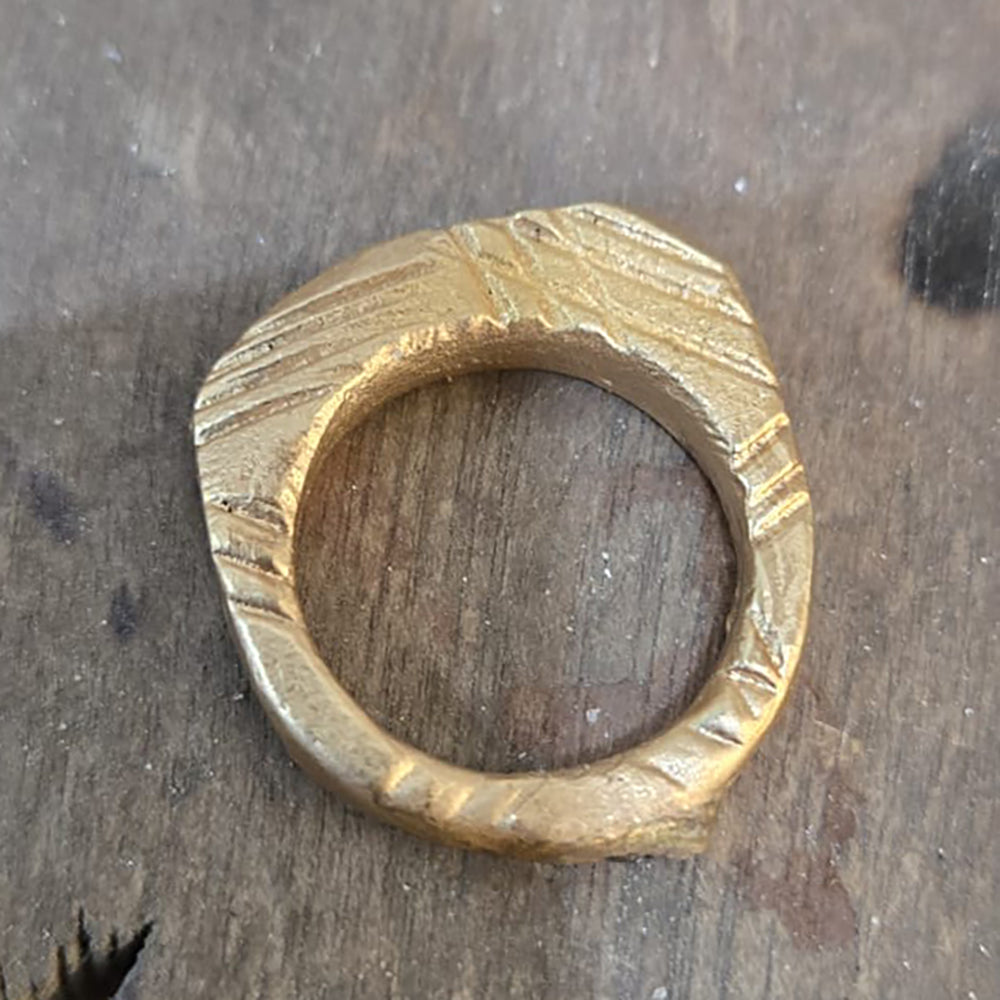 Side Profile of the bespoke hand made Artistic, Asymetric, Textured Gold Ring. Wax carved and sand cast in store, using our customer's remodelled gold at Golden Snowdrop Jewellers in Shaftesbury, Dorset near Wimborne.  