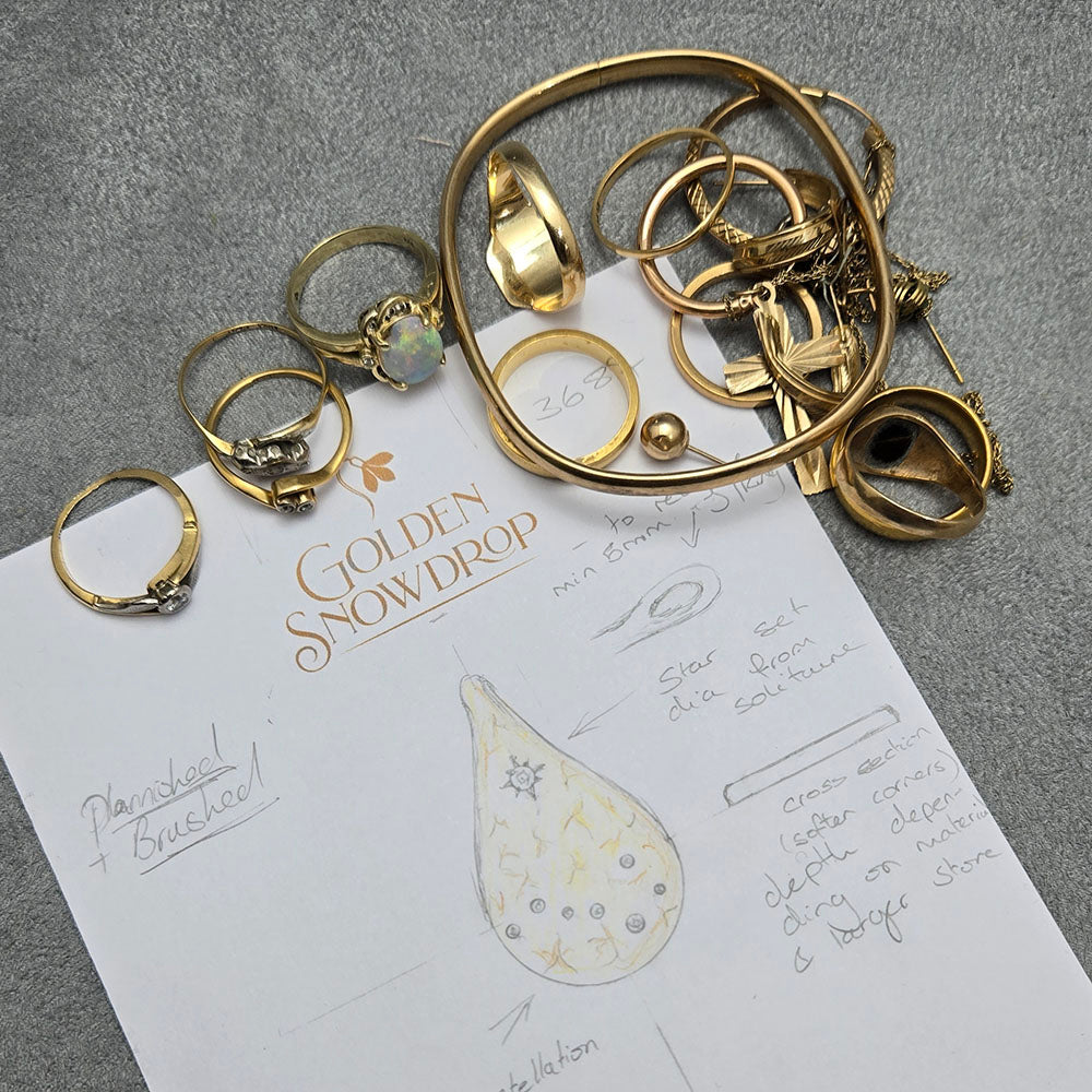 Hand-drawn design of the bespoke Diamond and Gold, Pear-Shaped Studs and their matching pendant during the first consultation with our jeweller, gemmologist and designer, Stephanie. Alongside our customers assorted Gold used in the final peices, at Golden Snowdrop, the jewellers in Shaftesbury, near Westbury. 