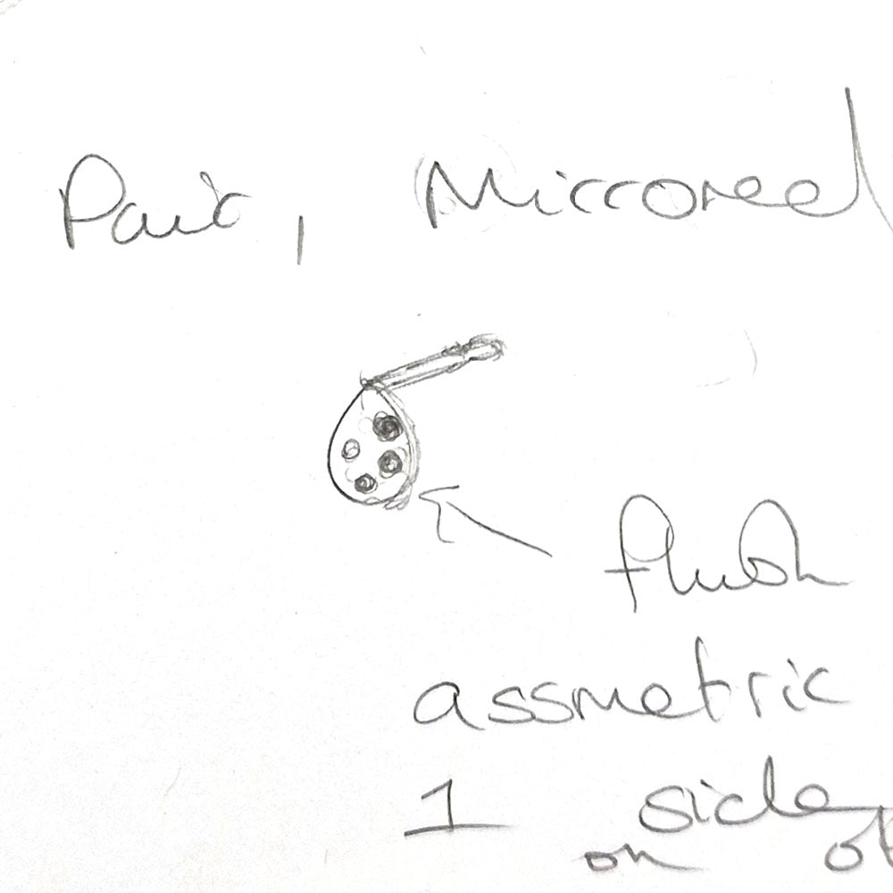 Hand-drawn design of the bespoke Diamond and Gold, Pear-Shaped Studs during the first consultation with our jeweller, gemmologist and designer, Stephanie. Remodelled made using our customers diamonds and gold at
Golden Snowdrop, the jewellers in Shaftesbury, near Frome. 