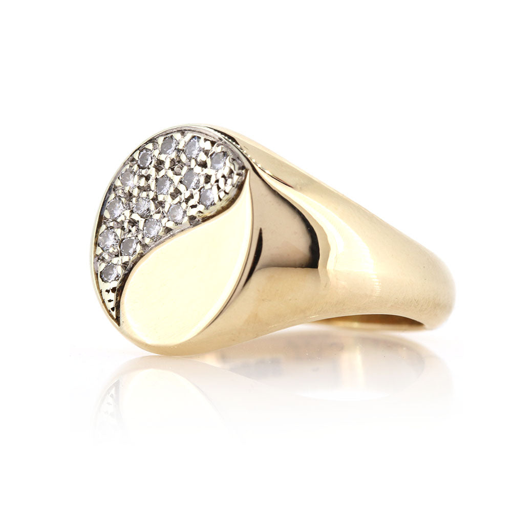 9ct Yellow Gold Diamond Pave Set Signet Ring - Vintage