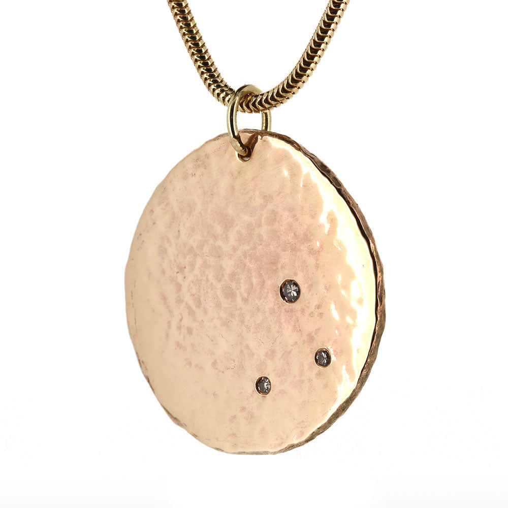 Bespoke Diamond Set Organic Planished Pendant in 9ct Yellow Gold. Remodelled using our customers original gold at Golden Snowdrop, the jewellers in Shaftesbury near Tisbury. 