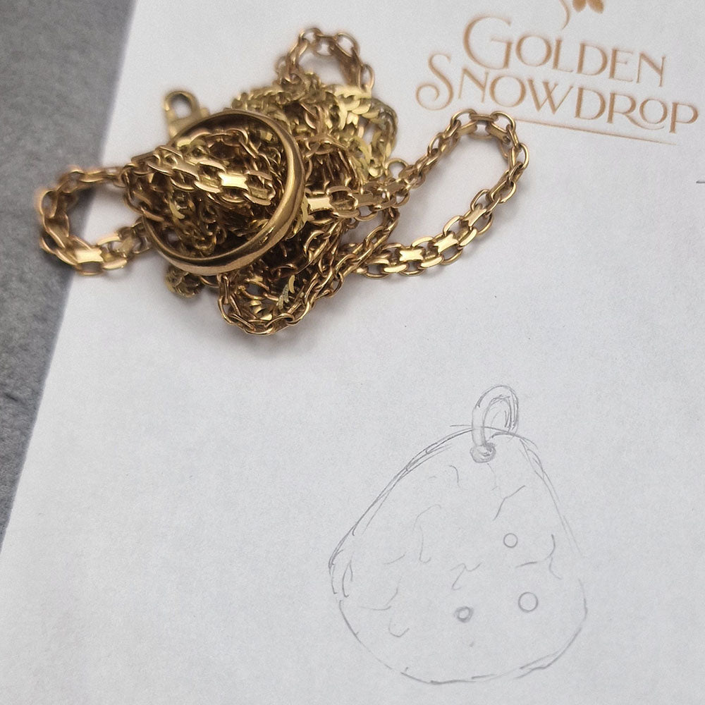Hand drawn design of the Diamond Set Organic Planished Pendant in 9ct Yellow Gold. Remodelled using our customers original gold at Golden Snowdrop, the jewellers in Shaftesbury near Dinton. 