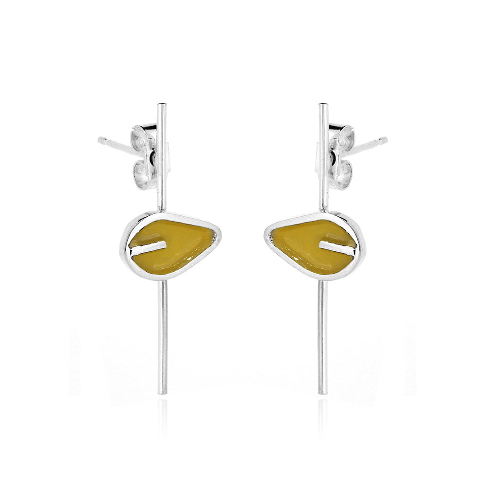 Single Yellow Leaf Long Stem Stud Earrings -Sterling Silver