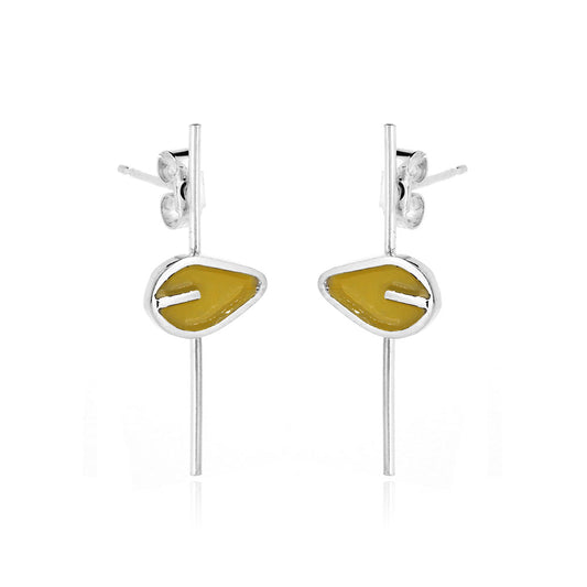 Single Yellow Leaf Long Stem Stud Earrings -Sterling Silver