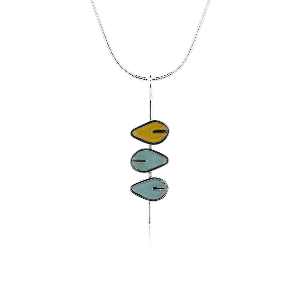 Triple Leaf Stem Duck Egg And Yellow Necklace - Sterling Silver