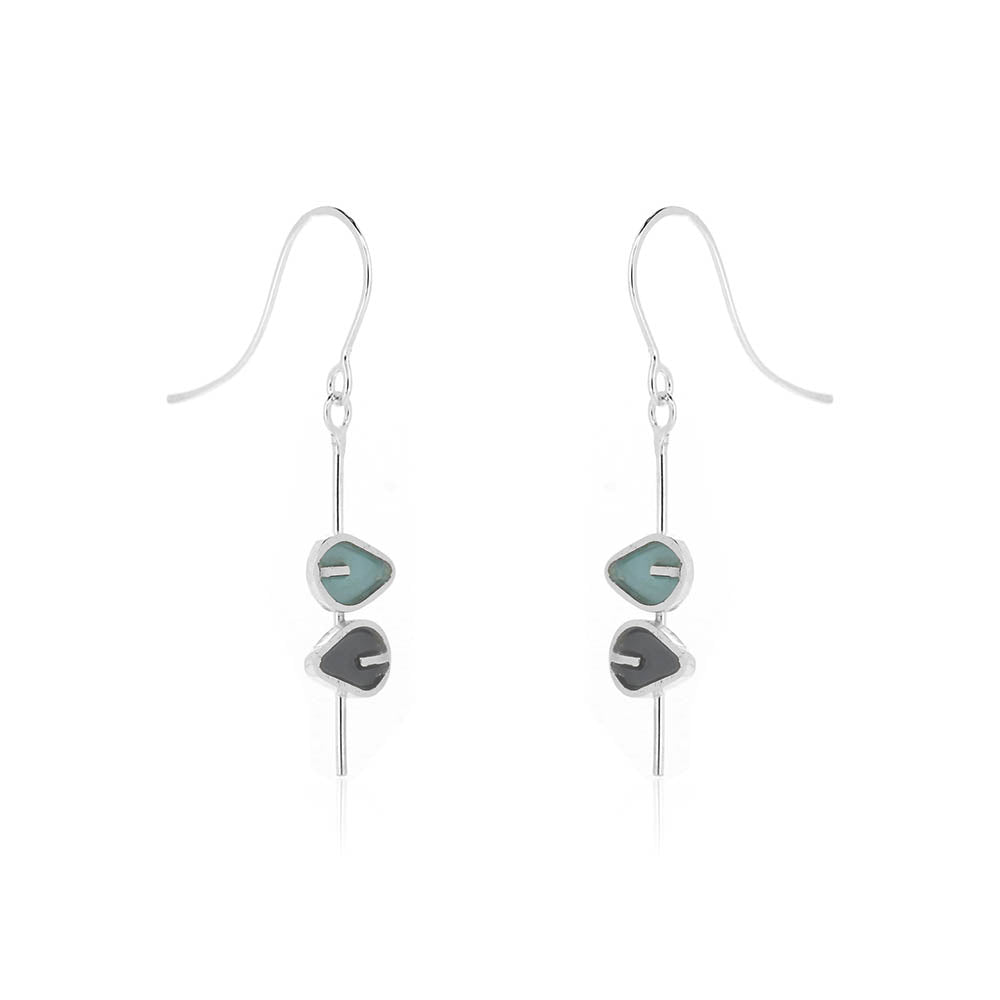 Double Leaf Long Stem Duck Egg and Charcoal Drop Earrings - Sterling Silver Drop Earrings