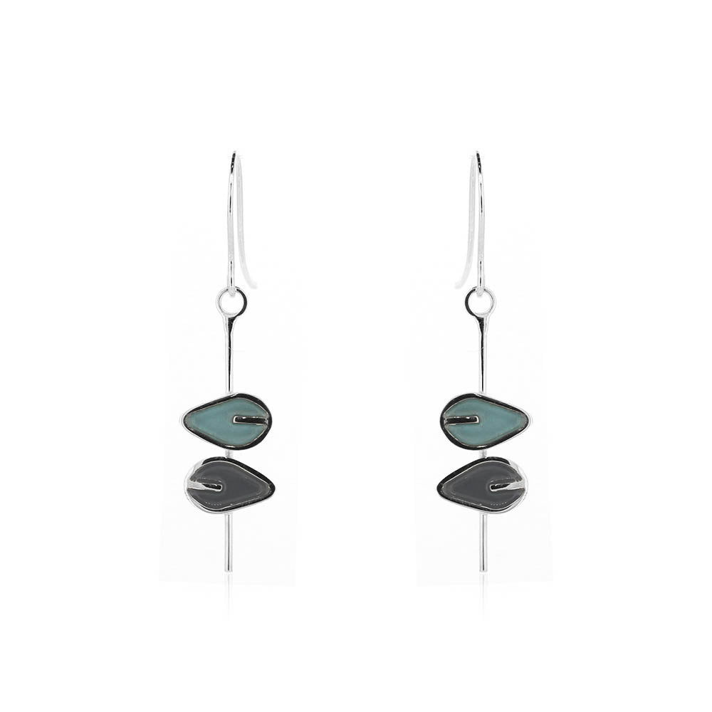 Double Leaf Long Stem Duck Egg and Charcoal Drop Earrings - Sterling Silver Drop Earrings
