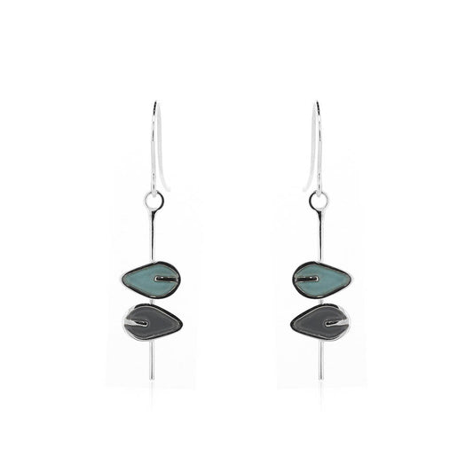 Double Leaf Long Stem Duck Egg and Charcoal Drop Earrings - Sterling Silver Drop Earrings