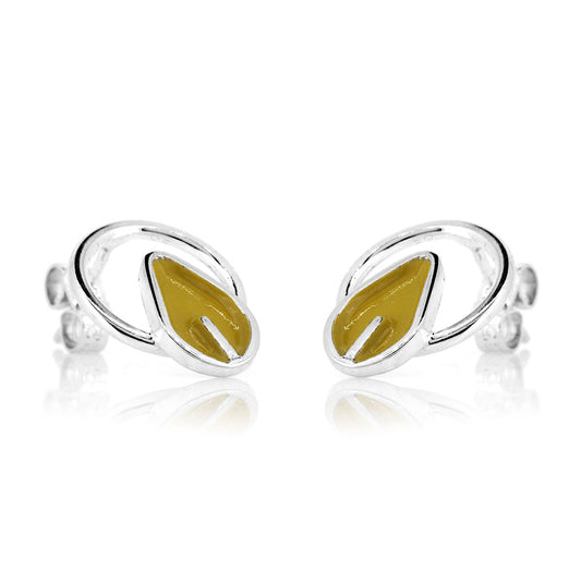 Tiny Circle Yellow Leaf Stud Earrings - Sterling Silver