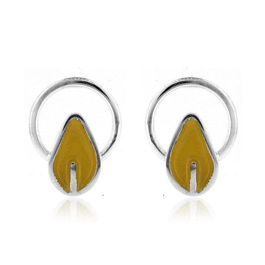 Tiny Circle Yellow Leaf Stud Earrings - Sterling Silver