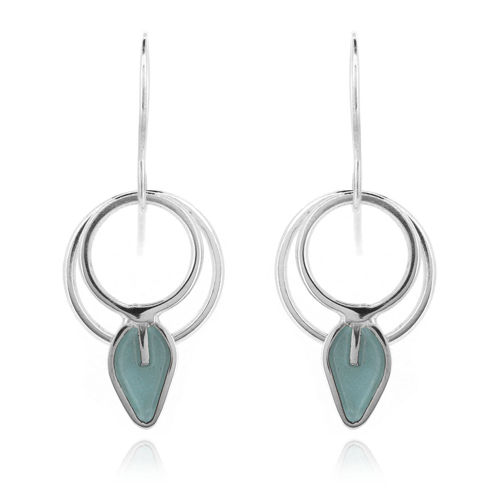 Double Circle Duck Egg Leaf Drop Earrings - Sterling Silver Drop Earrings
