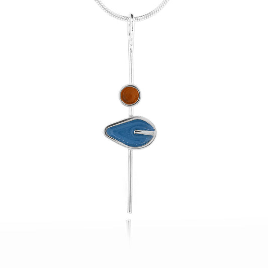 Single Teal Leaf and Orange Dot Stem Necklace - Sterling Silver