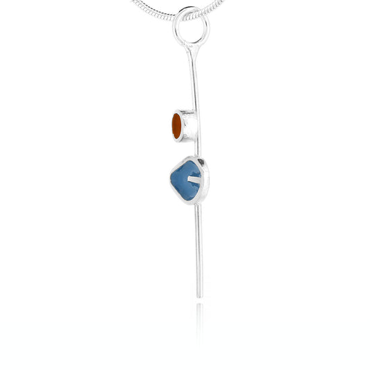 Single Teal Leaf and Orange Dot Stem Necklace - Sterling Silver