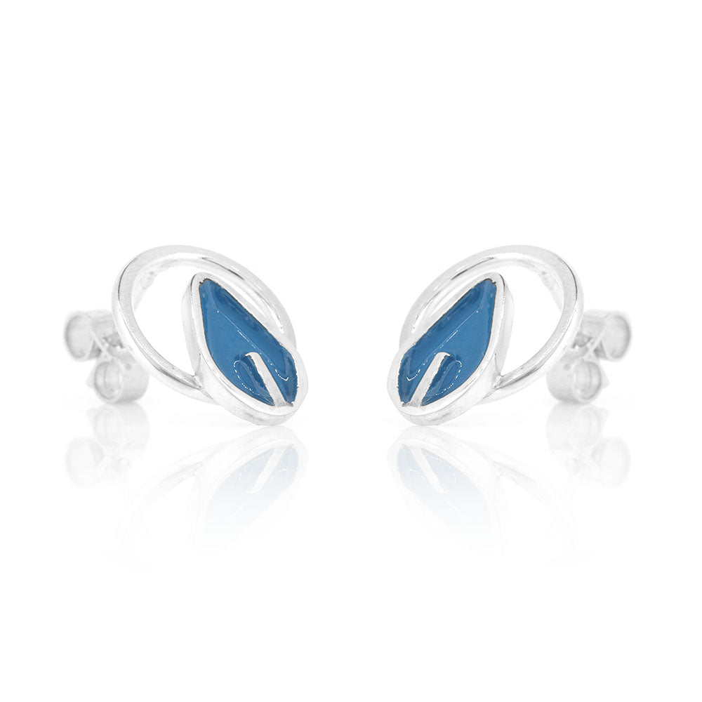 Tiny Circle Teal Leaf Stud Earrings - Sterling Silver