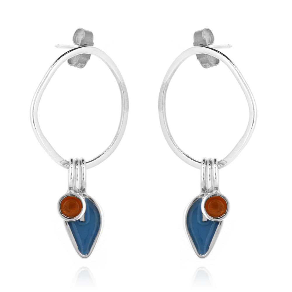 Drop Loop Studs with Teal Leaf and Orange Dot - Sterling Silver Stud Earrings