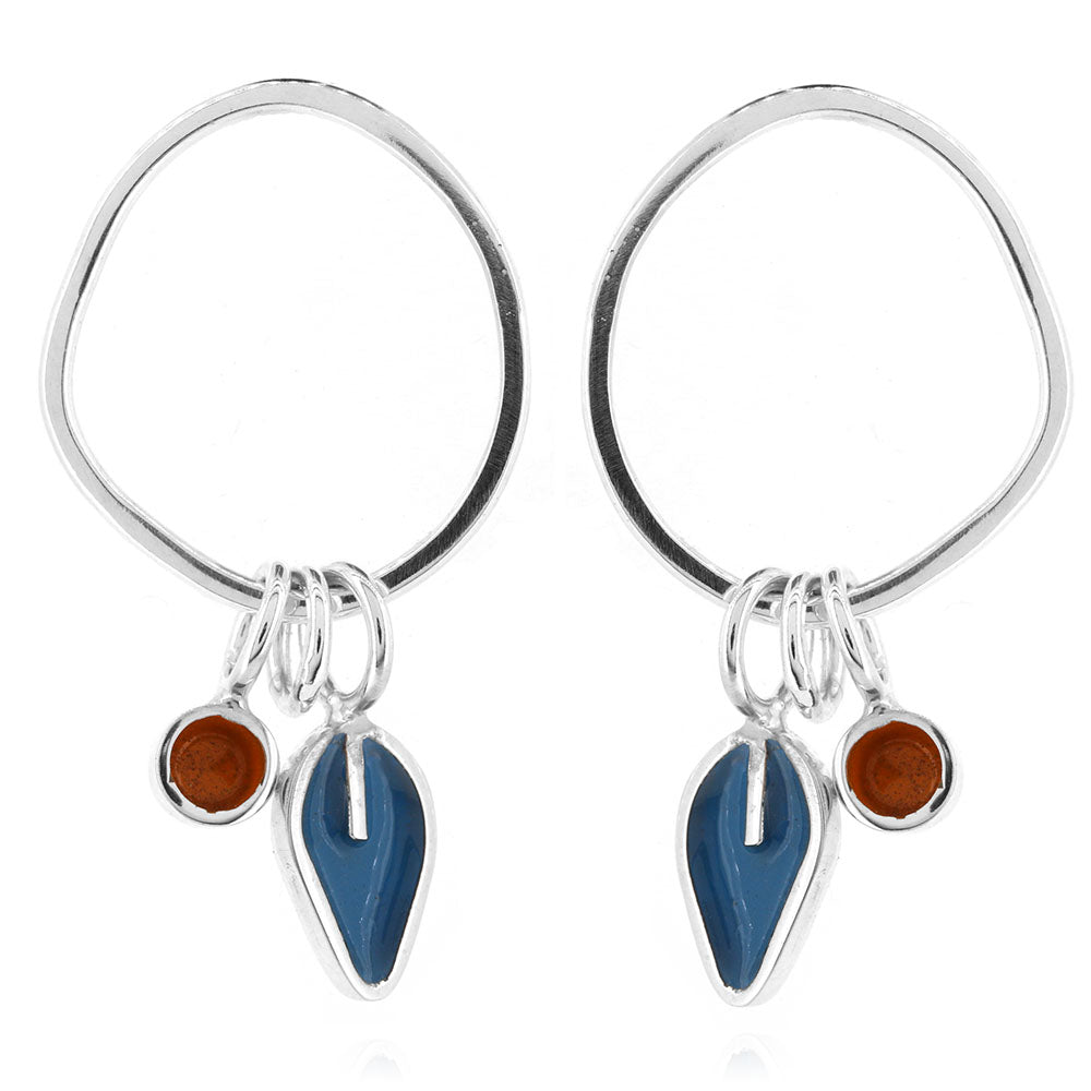 Drop Loop Studs with Teal Leaf and Orange Dot - Sterling Silver Stud Earrings