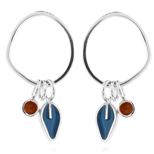 Drop Loop Studs with Teal Leaf and Orange Dot - Sterling Silver Stud Earrings