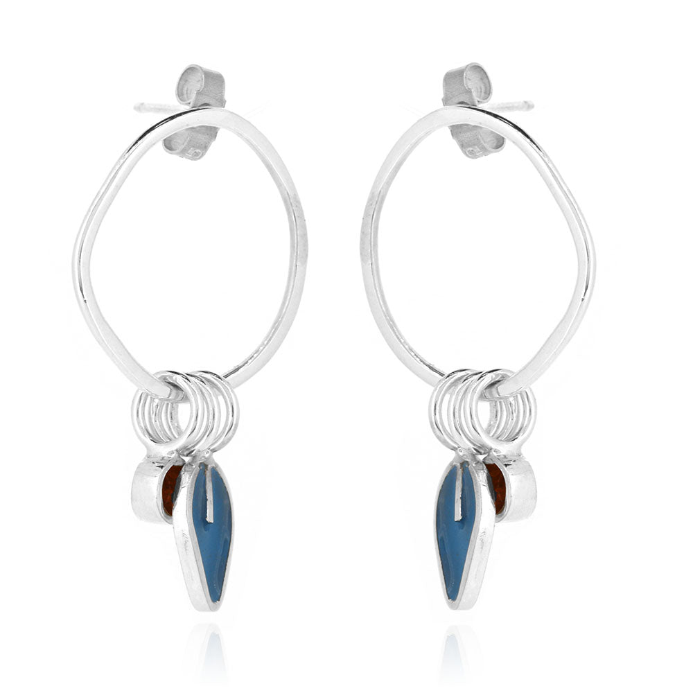 Drop Loop Studs with Teal Leaf and Orange Dot - Sterling Silver Stud Earrings