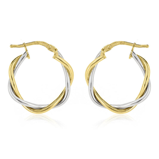 Twisted 20mm Hollow Creole Hoop Earrings - 9ct White and Yellow Gold