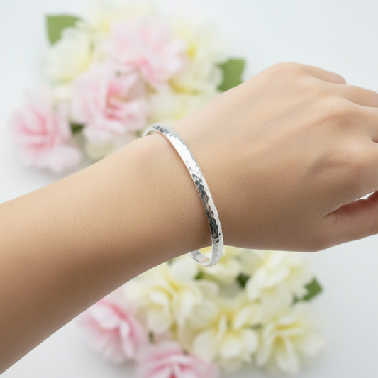 Esther Dappled Stacking Bangle - 5mm Width - Sterling Silver - Medium