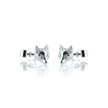 Close detail of recycled Sterling Silver Mr Fox stud earrings with textured fox head