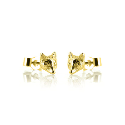 Close-up view of 18ct Gold Vermeil Mr Fox stud earrings handmade in Dorset