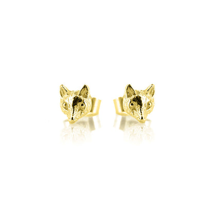 Gold Vermeil Mr Fox stud earrings showing detailed fox head cast from antique original
