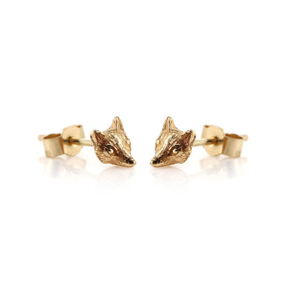 Close view of 9ct Gold Mr Fox stud earrings featuring small detailed fox head design
