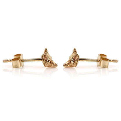 Pair of 9ct Yellow Gold Mr Fox stud earrings with fox head motifs crafted in Dorset