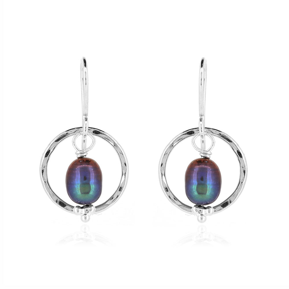Orbit Peacock Freshwater Pearl Drop Earrings - Sterling Silver Drop Earrings