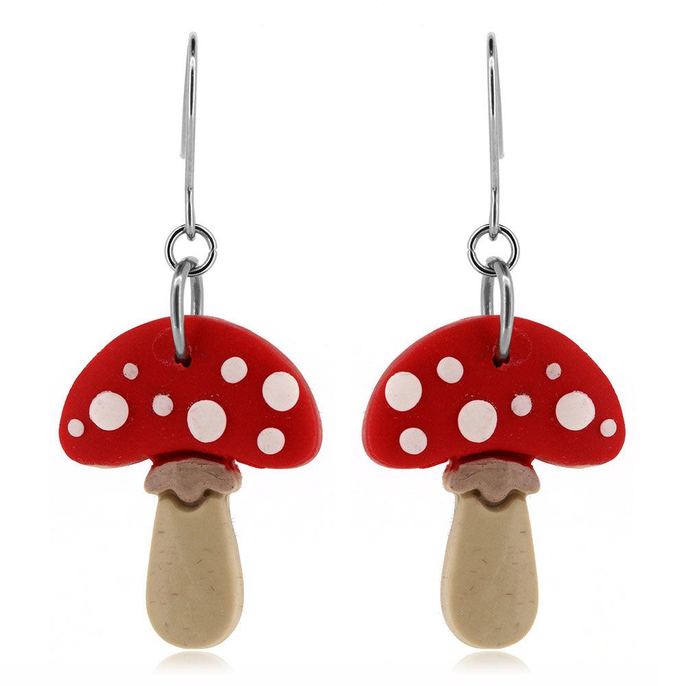 Toadstool Polymer Clay Drop Earrings - Surgical Steel Drop Earrings