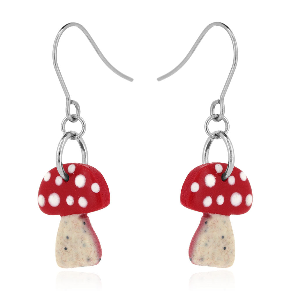 Toadstool Polymer Clay Drop Earrings - Surgical Steel Drop Earrings