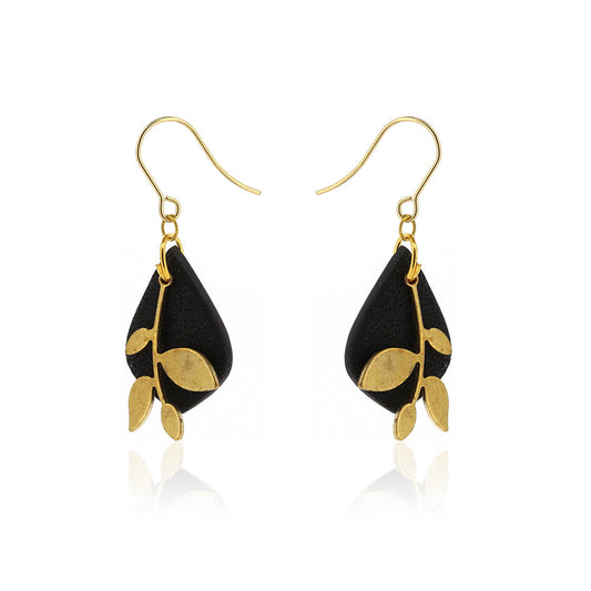 Brass Leaf Black Diamond Drop Earrings - Brass and Surgical Steel Drop Earrings