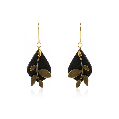 Brass Leaf Black Diamond Drop Earrings - Brass and Surgical Steel Drop Earrings