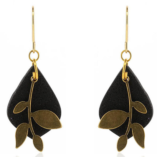 Brass Leaf Black Diamond Drop Earrings - Brass and Surgical Steel Drop Earrings