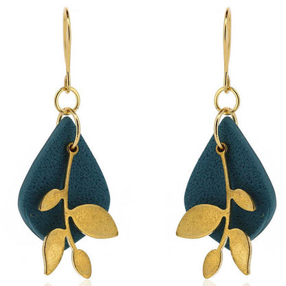Brass Leaf Teal Diamond Drop Earrings - Brass and Surgical Steel Drop Earrings