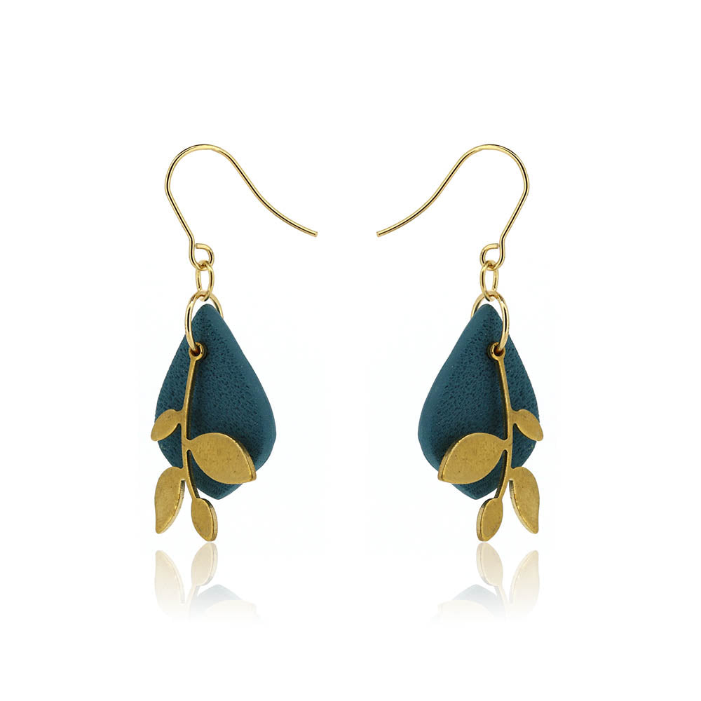 Brass Leaf Teal Diamond Drop Earrings - Brass and Surgical Steel Drop Earrings