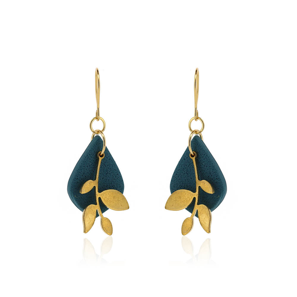 Brass Leaf Teal Diamond Drop Earrings - Brass and Surgical Steel Drop Earrings