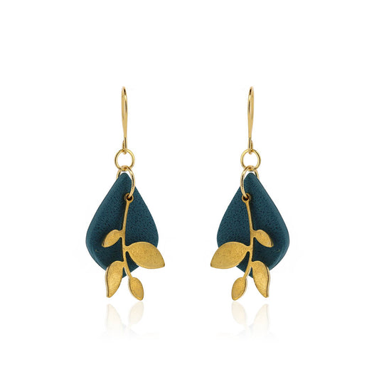 Brass Leaf Teal Diamond Drop Earrings - Brass and Surgical Steel Drop Earrings