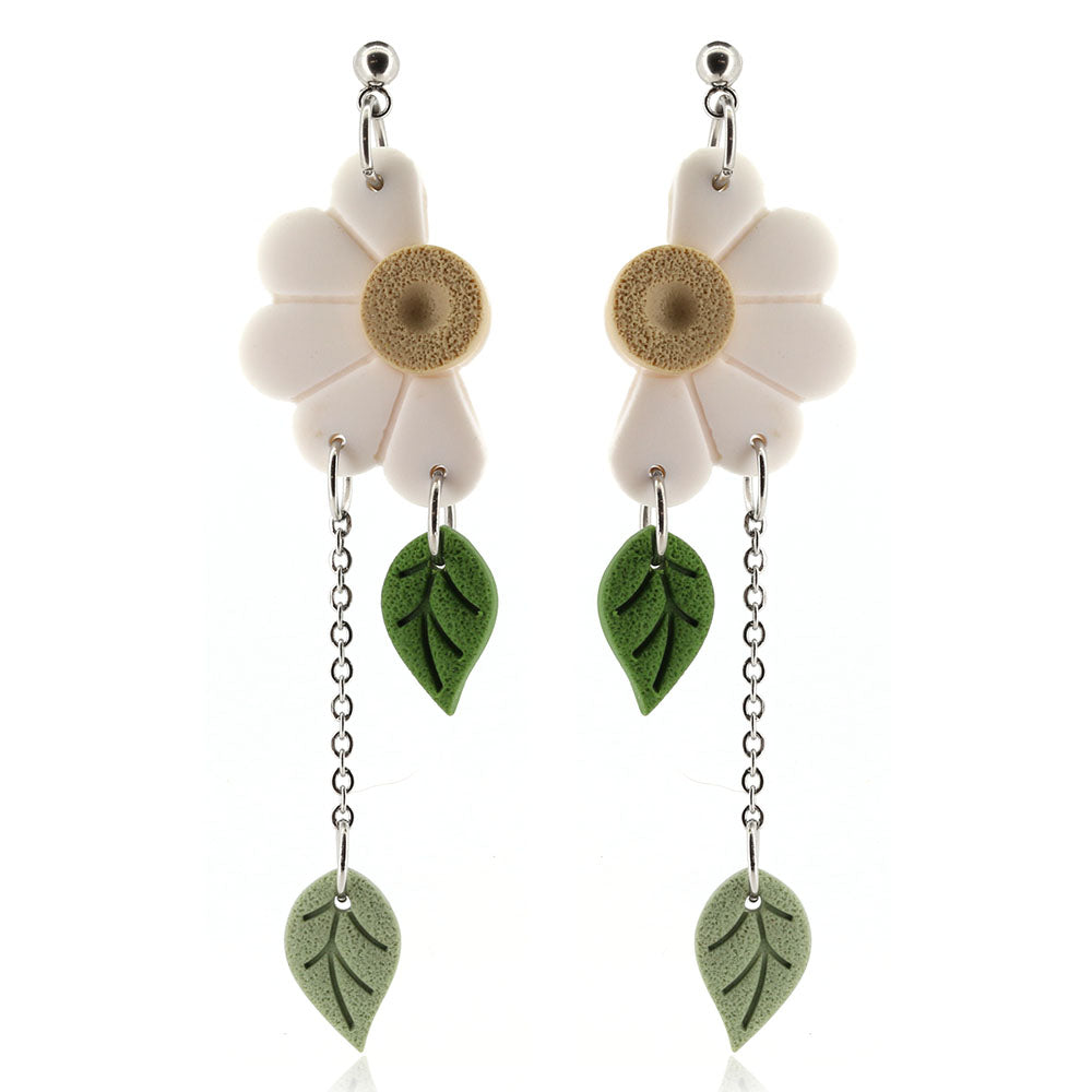 White Wild Daisy & Leaf Polymer Clay Drop Stud Earrings - Surgical Steel Stud Earrings