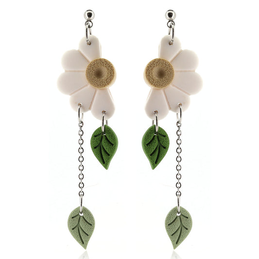 White Wild Daisy & Leaf Polymer Clay Drop Stud Earrings - Surgical Steel Stud Earrings