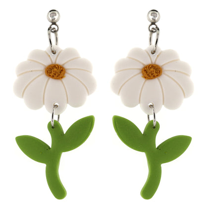 Daisy & Stem Polymer Clay Drop Stud Earrings - Surgical Steel