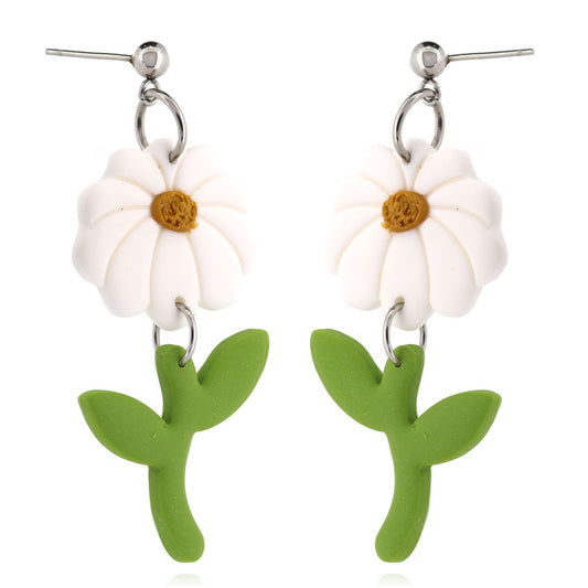 Daisy & Stem Polymer Clay Drop Stud Earrings - Surgical Steel