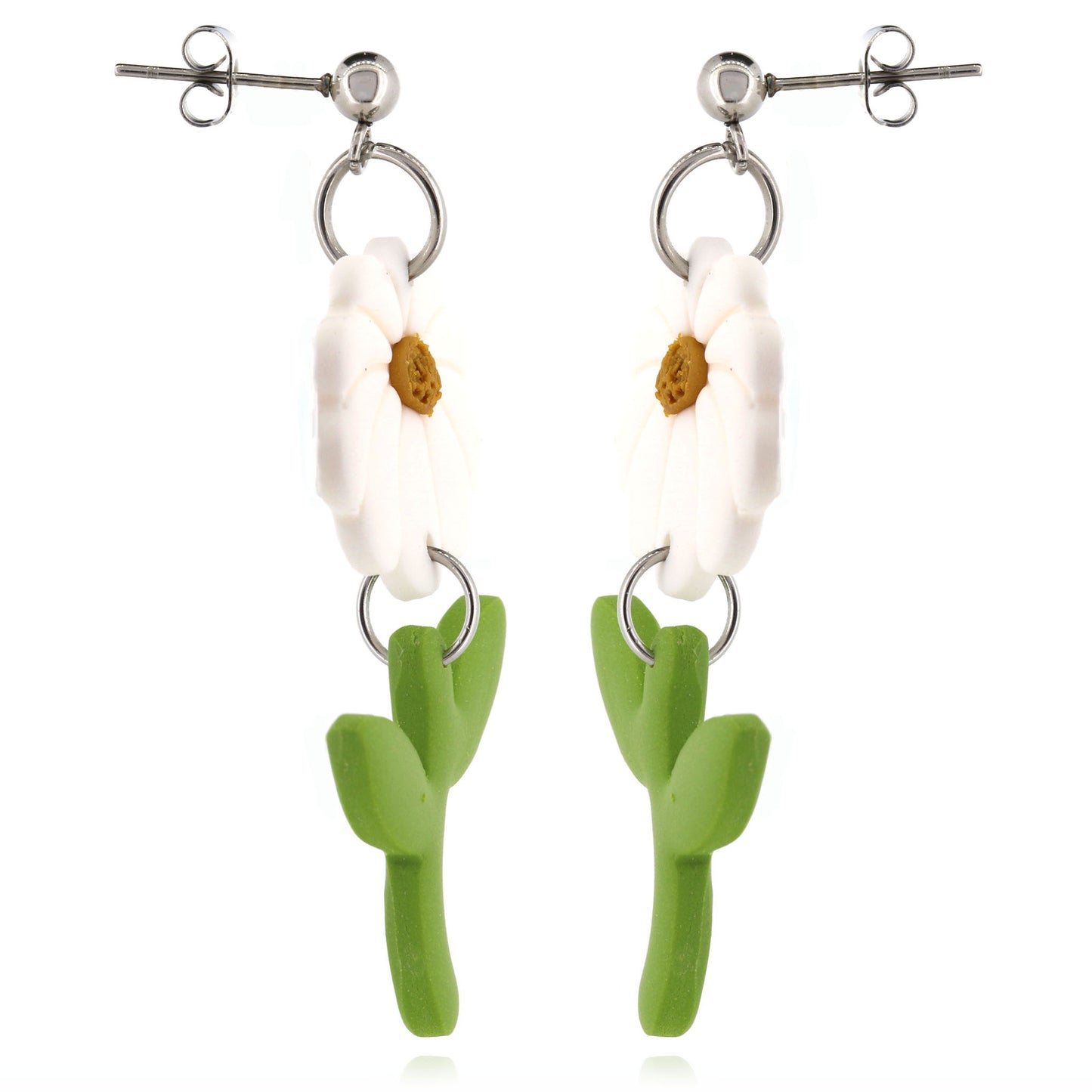 Daisy & Stem Polymer Clay Drop Stud Earrings - Surgical Steel
