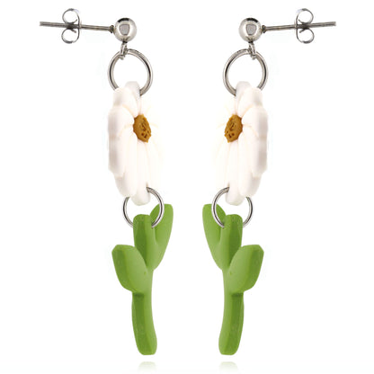 Daisy & Stem Polymer Clay Drop Stud Earrings - Surgical Steel